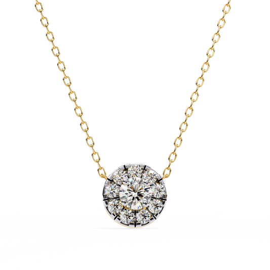 Round Cut Diamond Cluster Necklace Yellow Gold