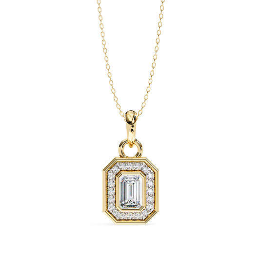 Emerald Cut Halo Diamond Pendant Yellow Gold