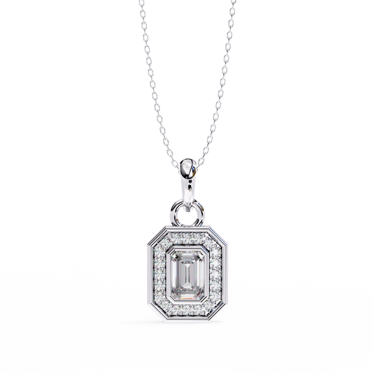 Emerald Cut Halo Diamond Pendant White Gold