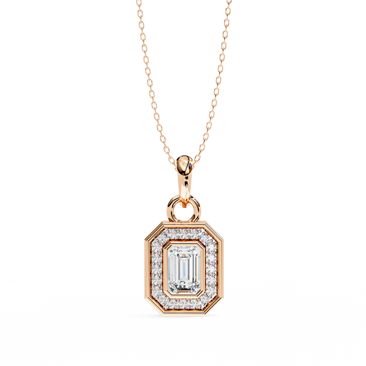 Emerald Cut Halo Diamond Pendant Rose Gold