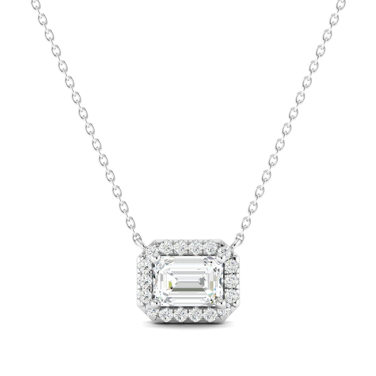 Emerald-cut Diamond Halo Necklace White Gold