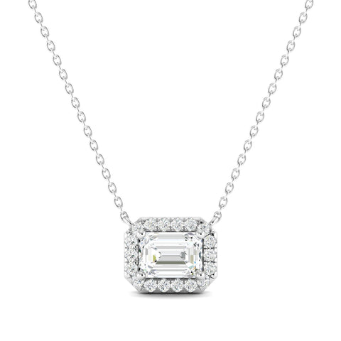 Emerald-cut Diamond Halo Necklace White Gold