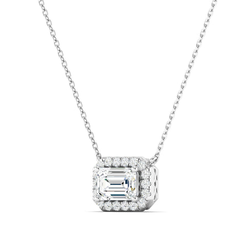 Emerald-cut Diamond Halo Necklace White Gold