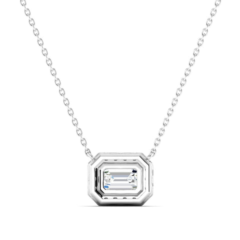 Emerald-cut Diamond Halo Necklace White Gold