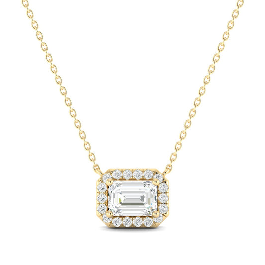 Emerald-cut Diamond Halo Necklace Yellow Gold