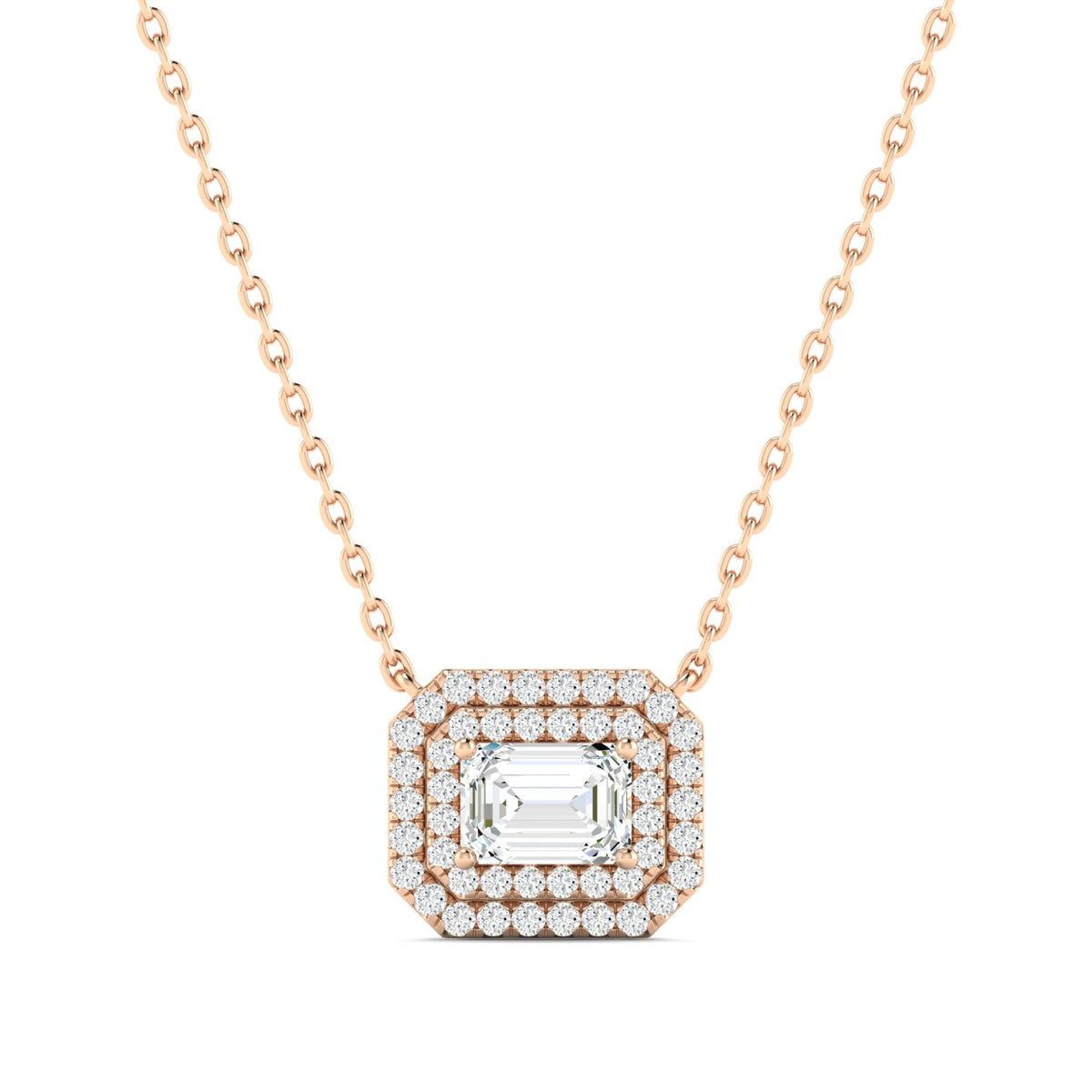 Emerald-cut Diamond Halo Necklace Rose Gold