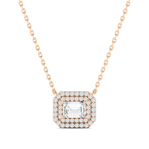 Emerald-cut Diamond Halo Necklace Rose Gold