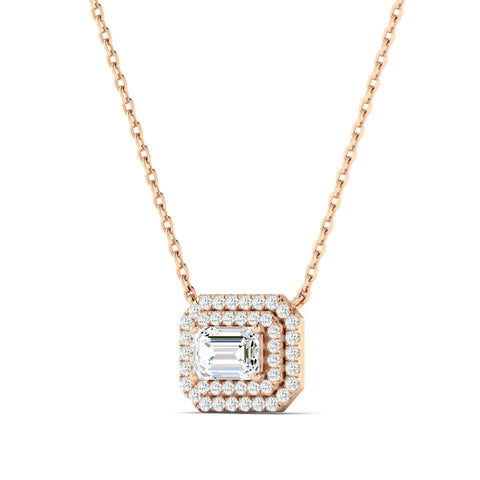 Emerald-cut Diamond Halo Necklace Rose Gold