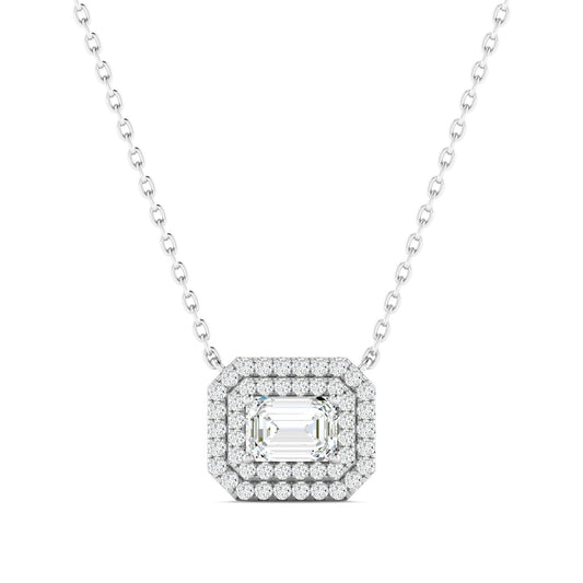 Emerald-cut Diamond Halo Necklace White Gold