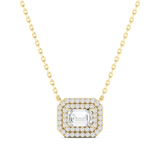 Emerald-cut Diamond Halo Necklace Yellow Gold